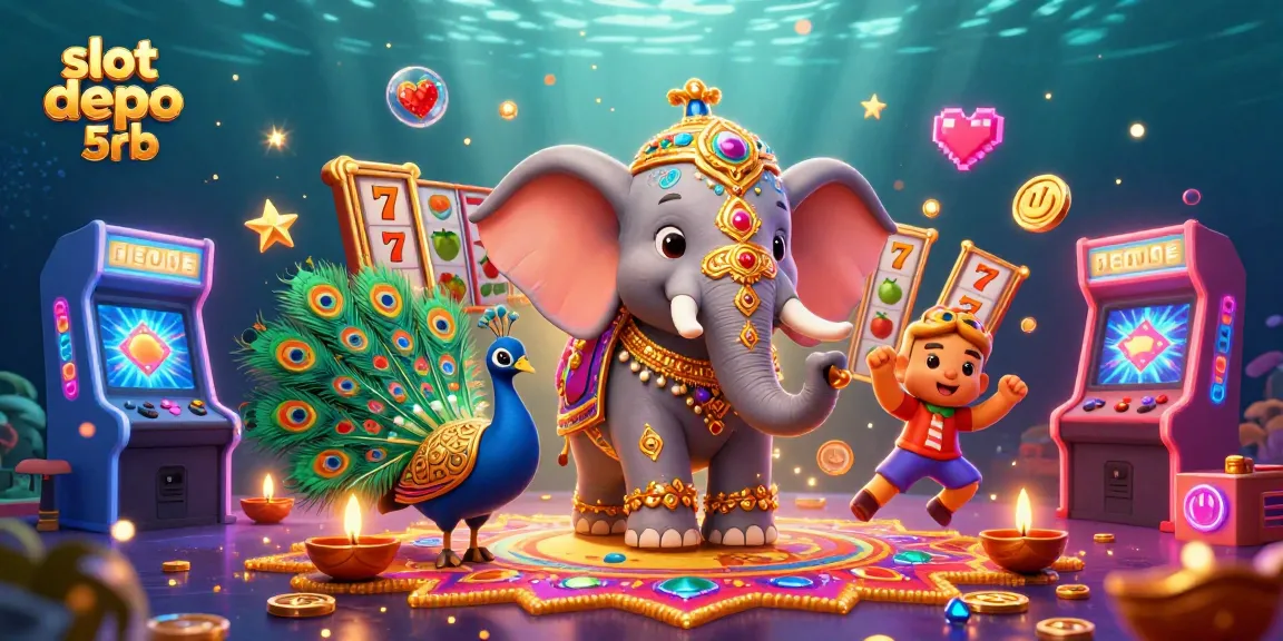 Spin the reels at slot depo 5rb with vibrant visuals and lucky symbols in this dynamic 3D casino scene.