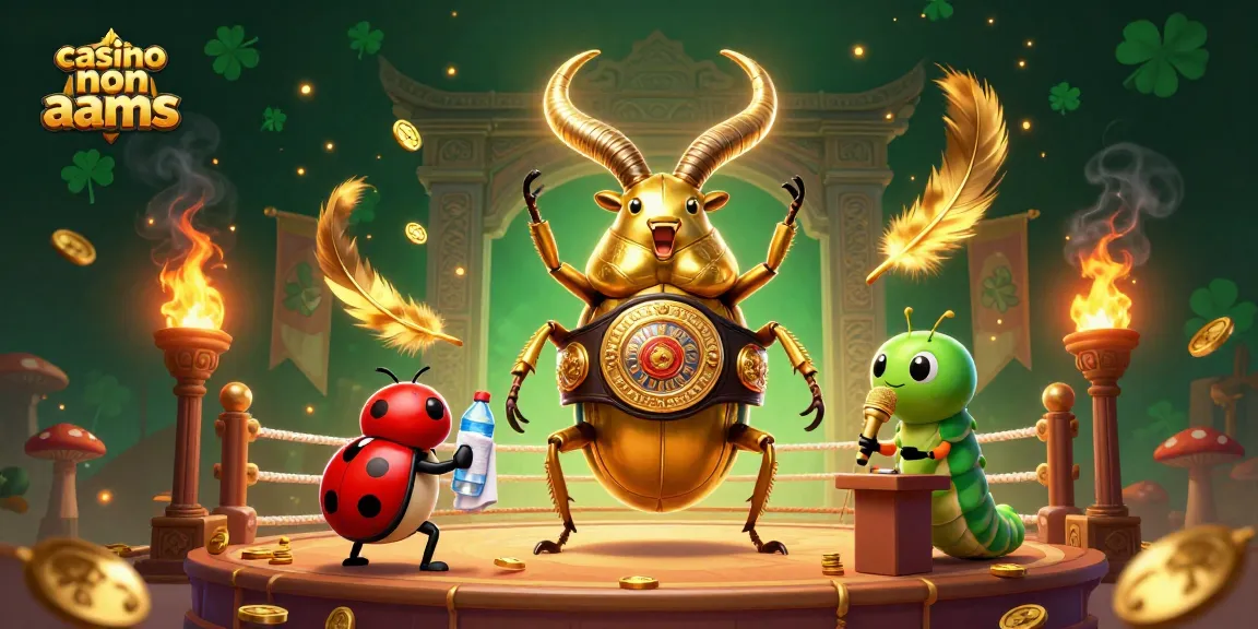 Vincere nei casino non AAMS: Illustrazione vivace di un combattimento tra un scarabeo gigante e un annunciatore sul palco di gioco.