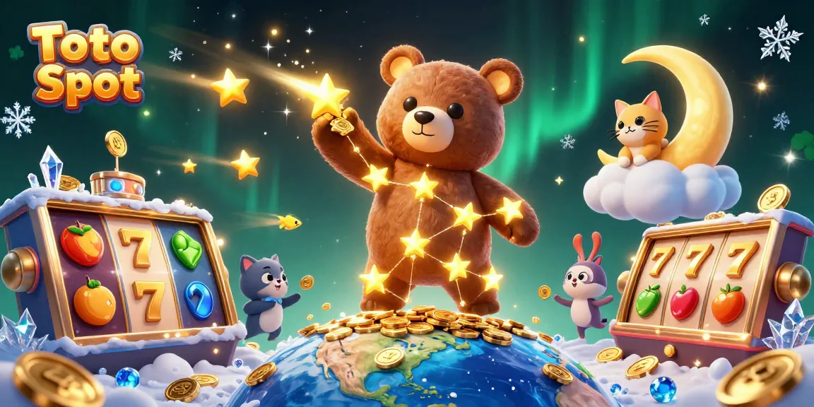 Toto Slot menghadirkan ilustrasi kasino yang penuh warna dengan karakter beruang bintang dan berbagai elemen permainan slot.