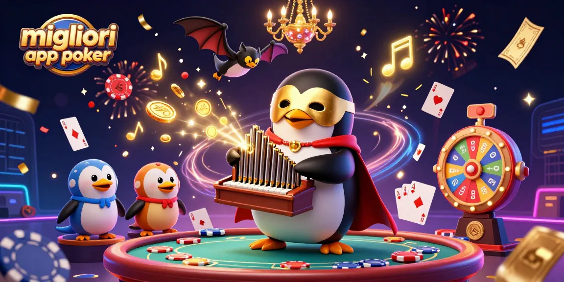 Migliori app poker con il pinguino fantasma che suona l'organo e distribuisce gettoni d'oro.