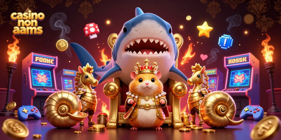 Scopri il mondo dei casino non aams con una scena vivace di un re hamster su un trono di mascelle, circondato da elementi di gioco.