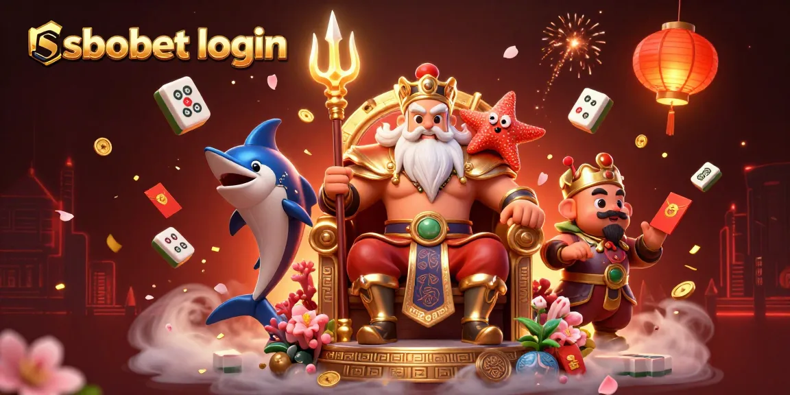 Experience sbobet login with a vibrant scene featuring Neptune and his samurai amidst exciting casino motifs.