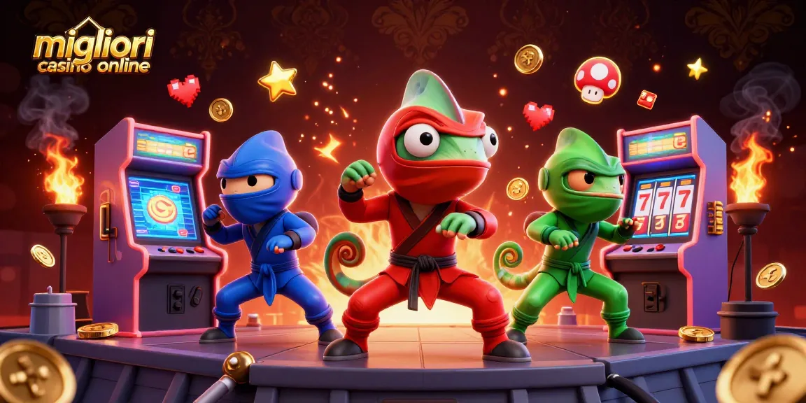 Illustrazione dei migliori casino online con ninjas camaleontici colorati tra elementi di gioco dinamici.