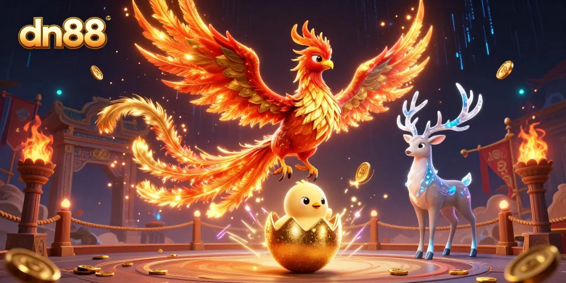 Experience the excitement of dn88 with a vibrant phoenix scene filled with gold tokens and flames.
