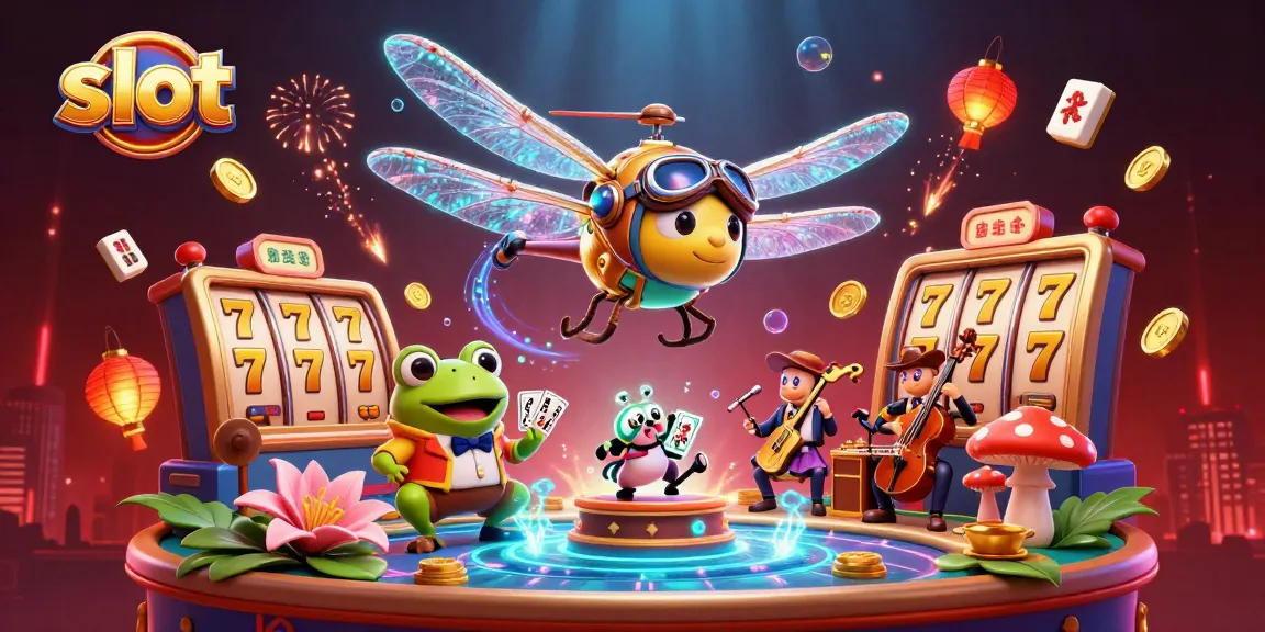 Spin the slot reels in this vibrant casino scene with a dragonfly pilot and frog croupier.