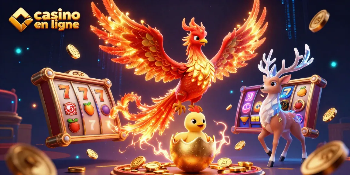 Jouer sur un casino en ligne avec une illustration dynamique de machines à sous et des éléments vibrants.