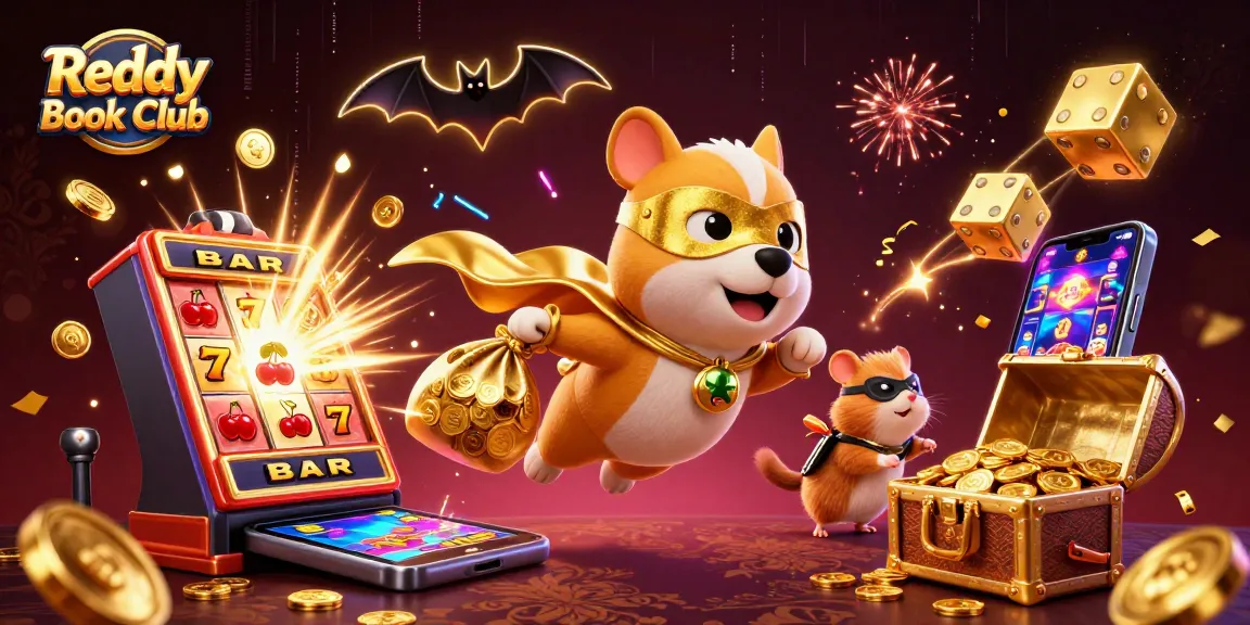 Reddy Book Club offers an engaging casino experience, showcasing a superhero dog and hamster amidst dynamic gaming elements.
