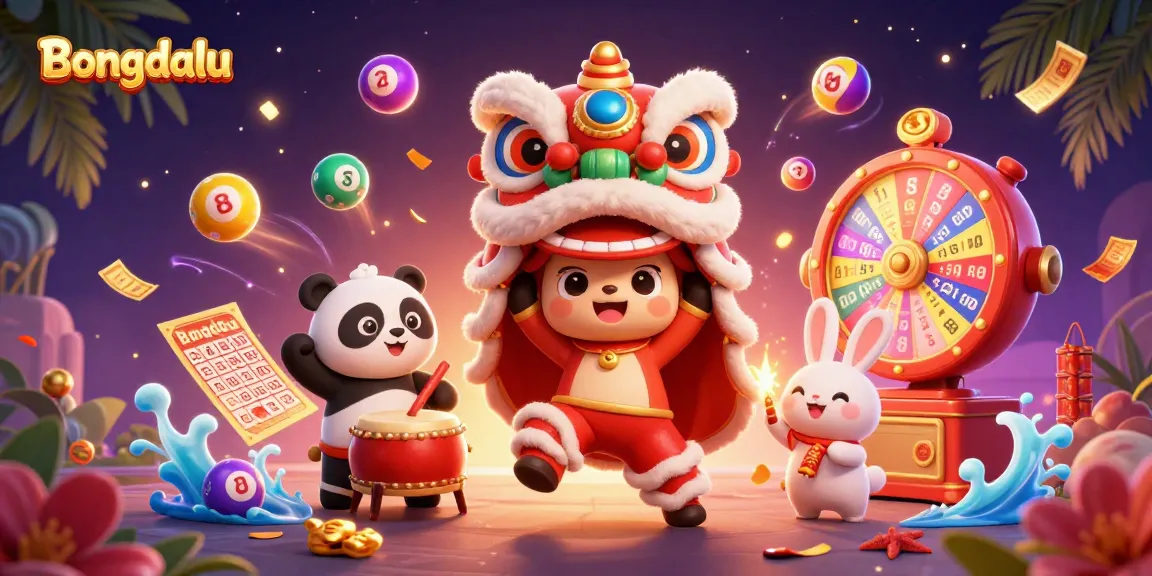 Bongdalu captures the excitement of live sports betting with colorful elements showcasing lottery balls, a drumming panda, and festive characters.