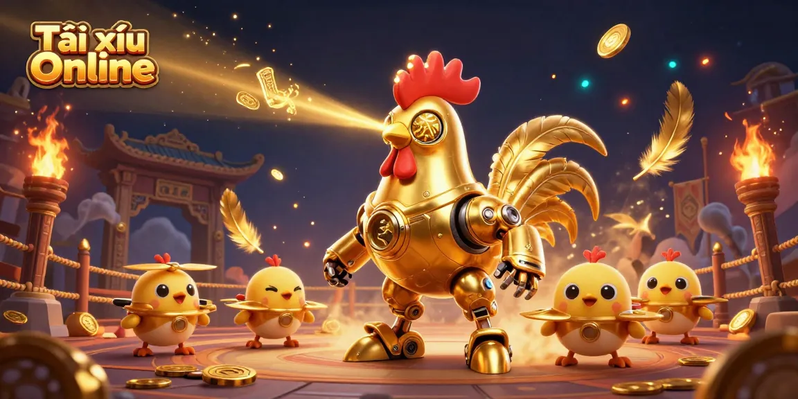 Experience unique Tài xỉu Online excitement with golden rooster robot and chick drones in a vibrant gambling scene.