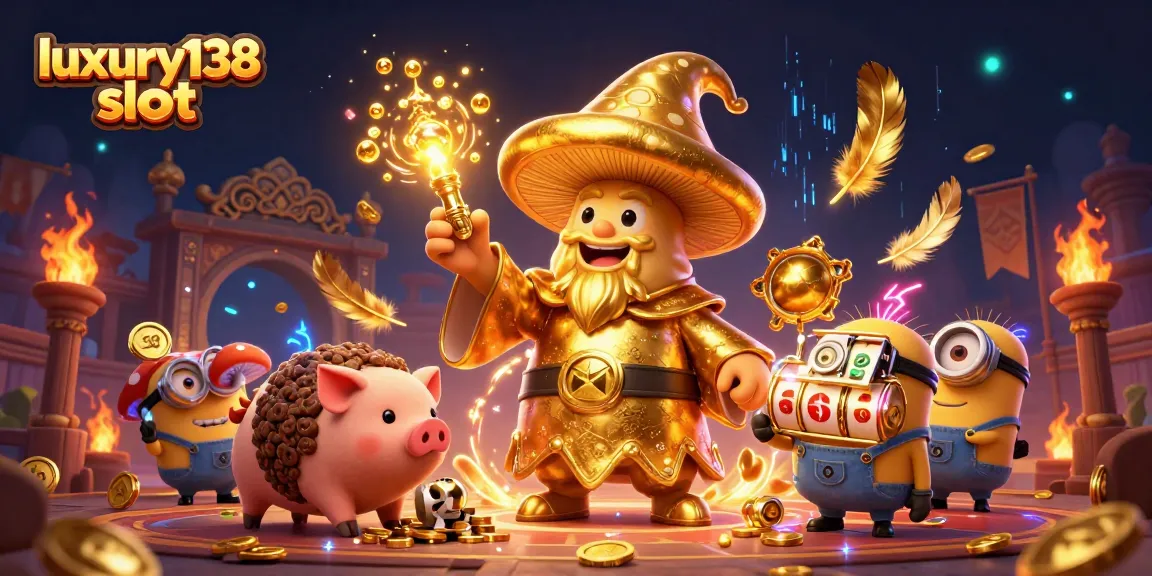 Experience the thrill of luxury138 slot with a vibrant scene featuring golden magic and treasures.