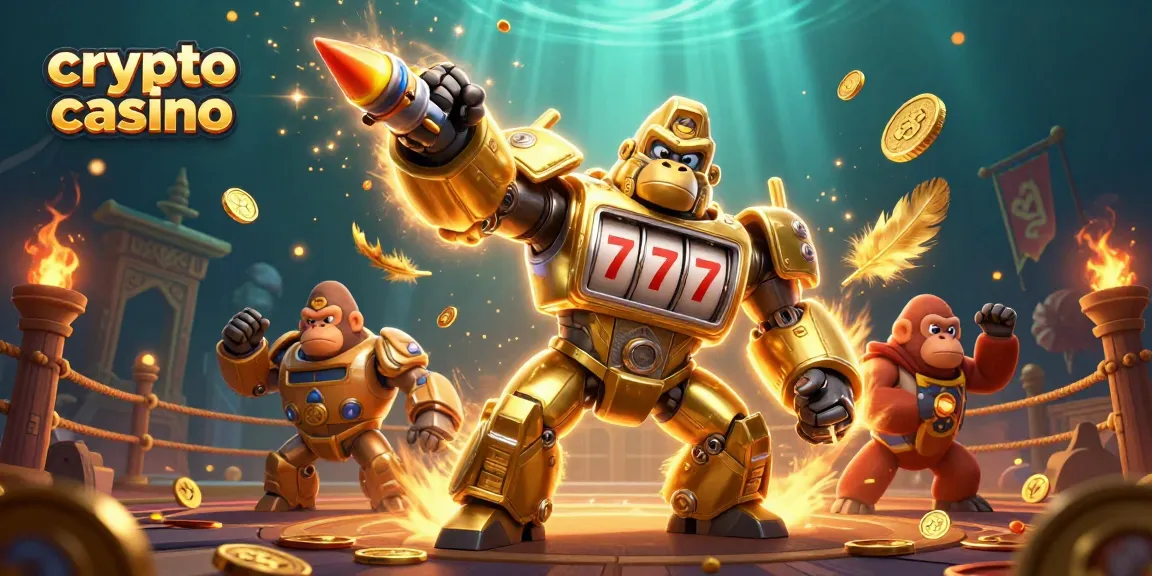 Profitez d'un moment excitant dans un crypto casino avec un gorille robot et des pièces d'or.