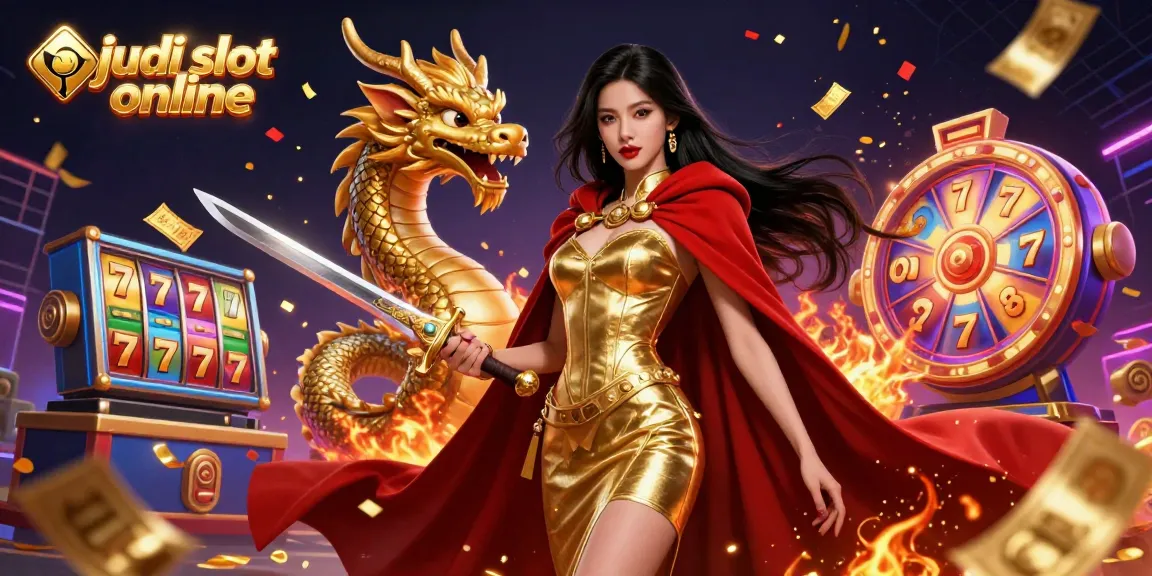 Engage with judi slot online in this vibrant scene showcasing dynamic slot reels, golden tickets, and an enchanting warrior queen.