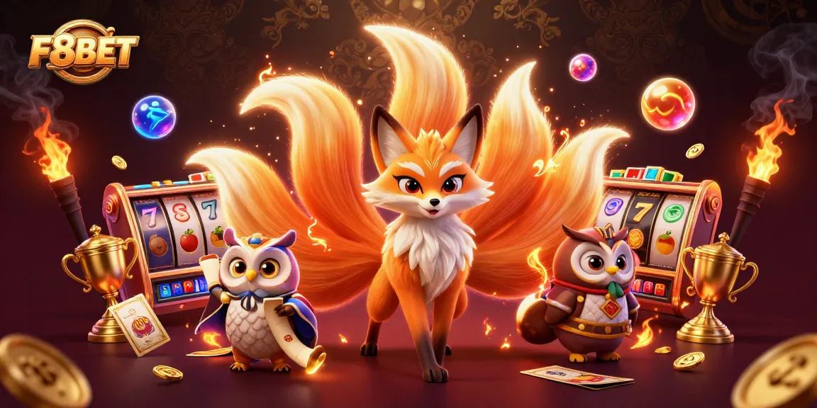 Experience thrilling slots at F8BET with vibrant 3D illustrations of games and spiritual elements.