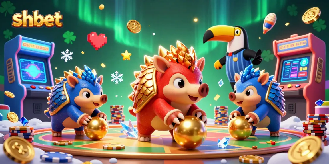 Watch shbet pangolins compete in a lively casino scene with colorful gaming elements.