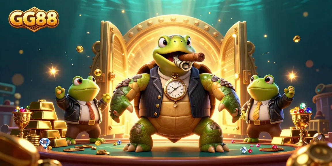 Experience the thrilling world of GG88 with a vibrant casino illustration featuring a mobster turtle and bullfrog enforcers.