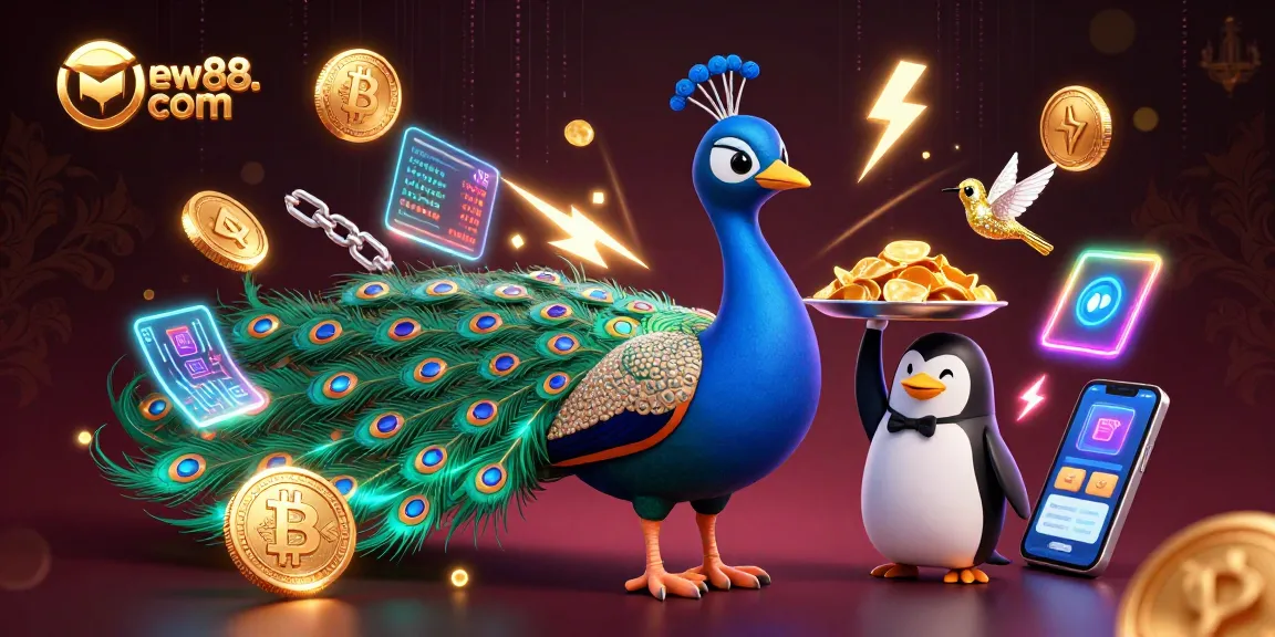 Engage with new88. com, where a colorful scene brings together a peacock and penguin in a vibrant casino atmosphere.