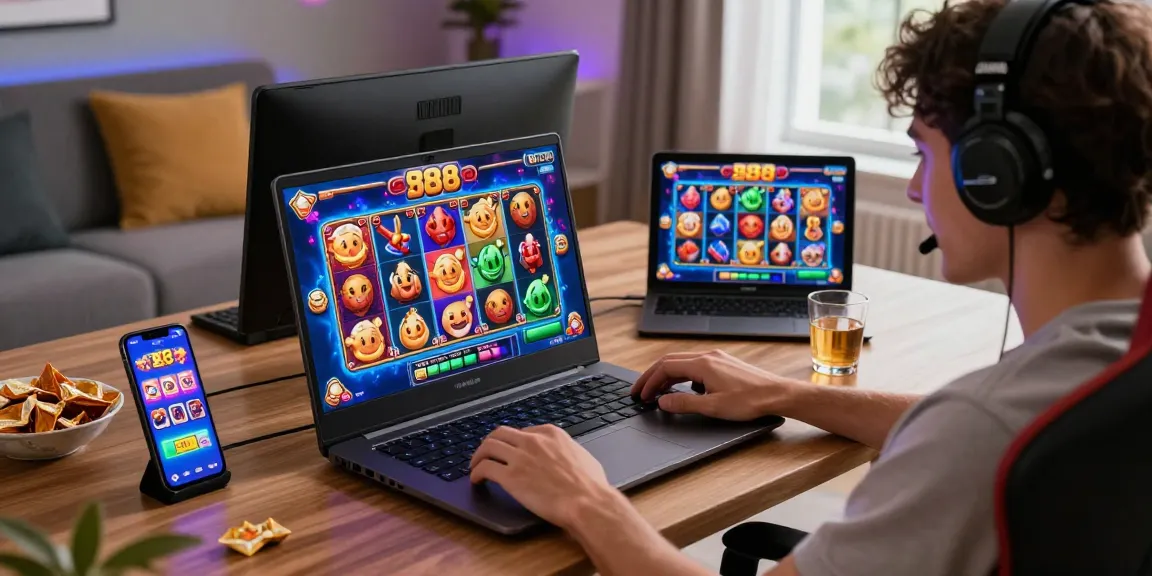 Player enjoying exciting slot88 games in a vibrant home gaming setup with snacks and devices.