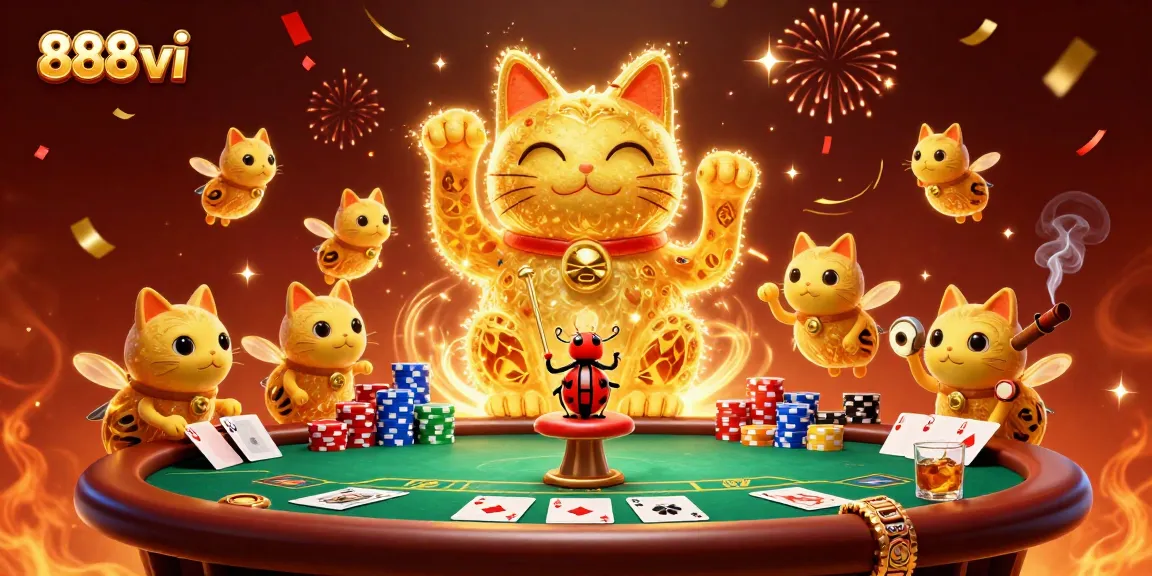 Engage with 888vi's thrilling casino experience featuring a lucky cat and vibrant poker elements.