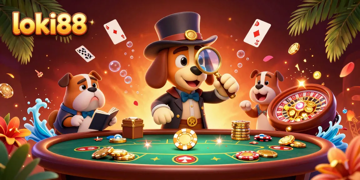 Engage with the thrilling loki88 poker scene featuring a detective and bulldog uncovering clues amidst swirling game elements.