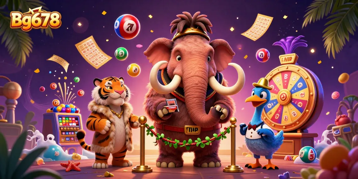 Experience the excitement of Bg678 with a vibrant casino scene featuring a woolly mammoth, saber-tooth tiger, and playful lottery elements.