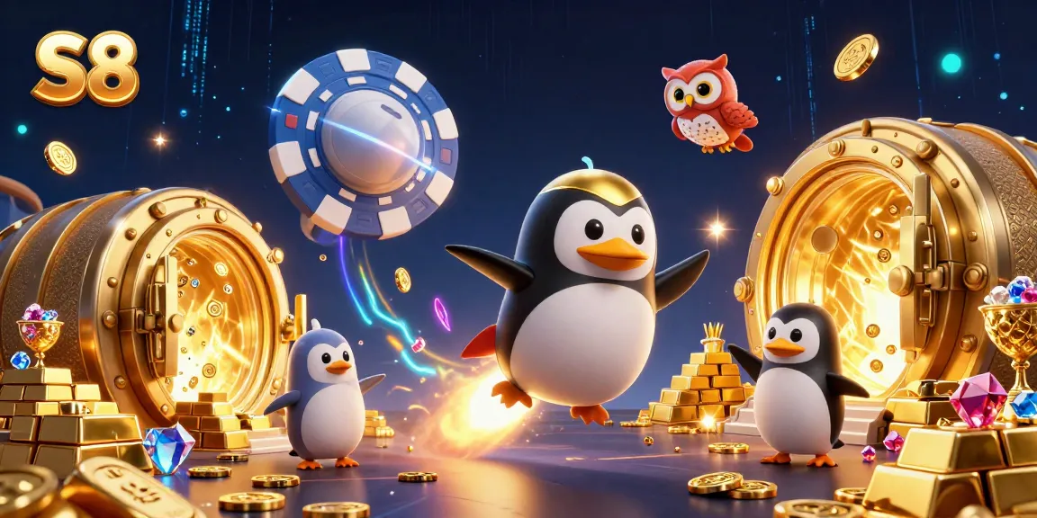 Spin the reels at S8, featuring a rocket-powered penguin and dazzling casino treasures