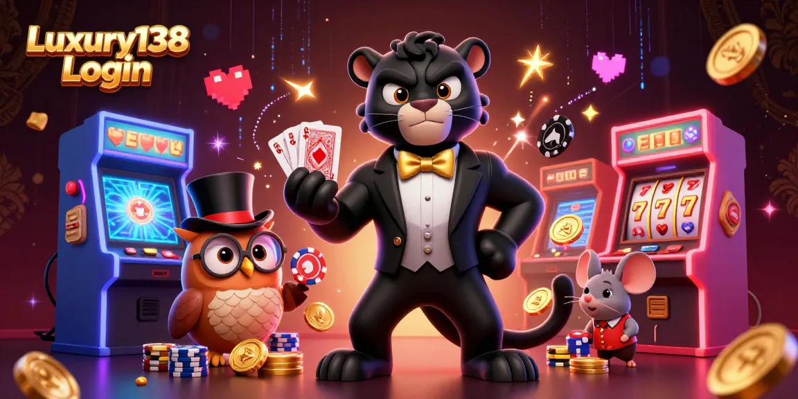 Play exciting games with Luxury138 Login in a luxury casino filled with vibrant characters and elements.