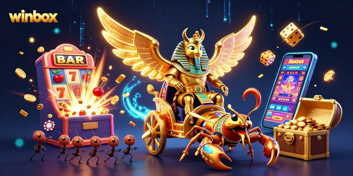 Winbox online casino scene with a golden scarab, casino games, and vibrant action elements