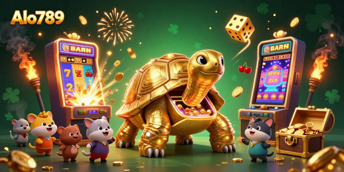 Alo789 offers exciting live cockfighting experiences with vibrant illustrations of a golden tortoise and slot machines.