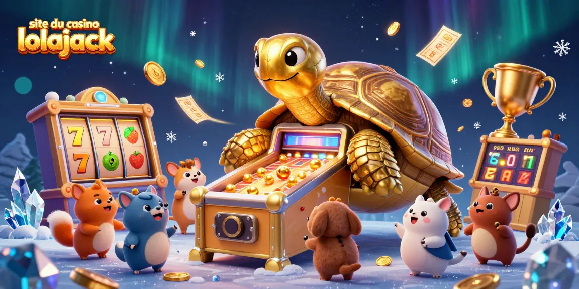 Plongez dans l'univers du site du casino lolajack avec une tortue d'or et des éléments de machines à sous en pleine action.