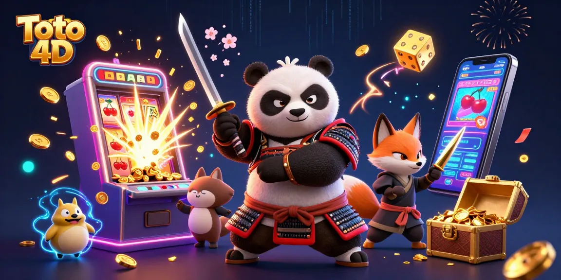Experience the excitement of Toto 4D with a dynamic illustration of samurai panda and ninja fox in a casino