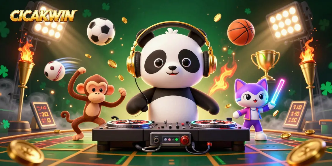 CICAKWIN engages players with vibrant casino fun, featuring a DJ panda and sports excitement.