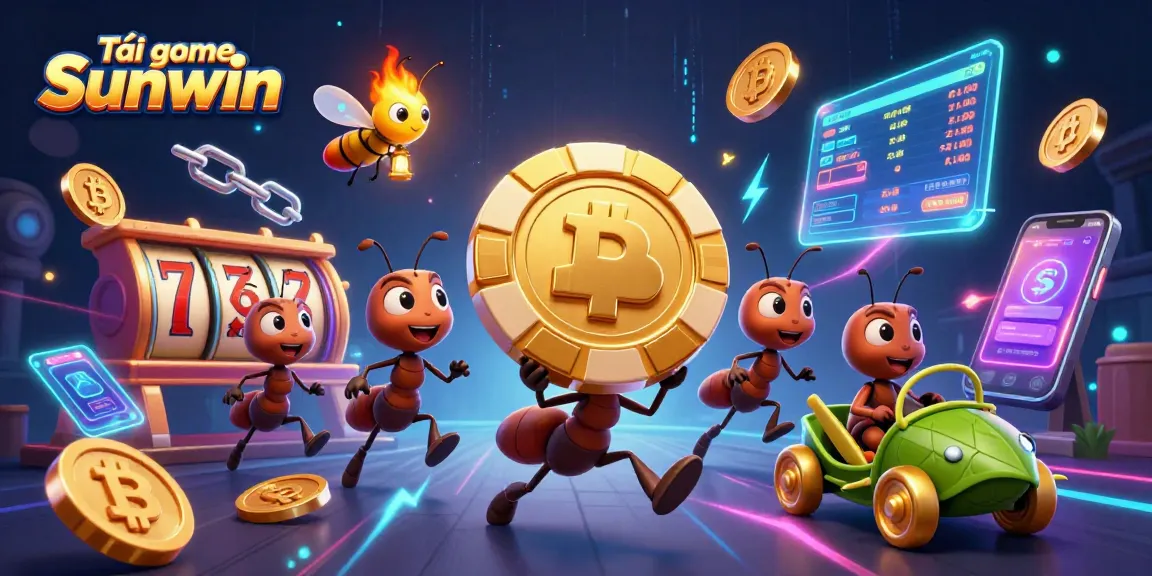Tải game Sunwin with a heist team of cartoon ants carrying a massive poker chip in a vibrant casino setting