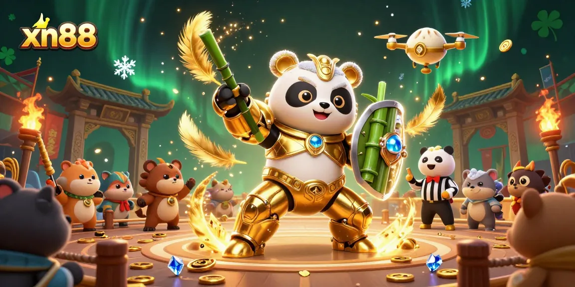 Experience thrilling xn88 casino action as a golden panda battles in a vibrant arena.