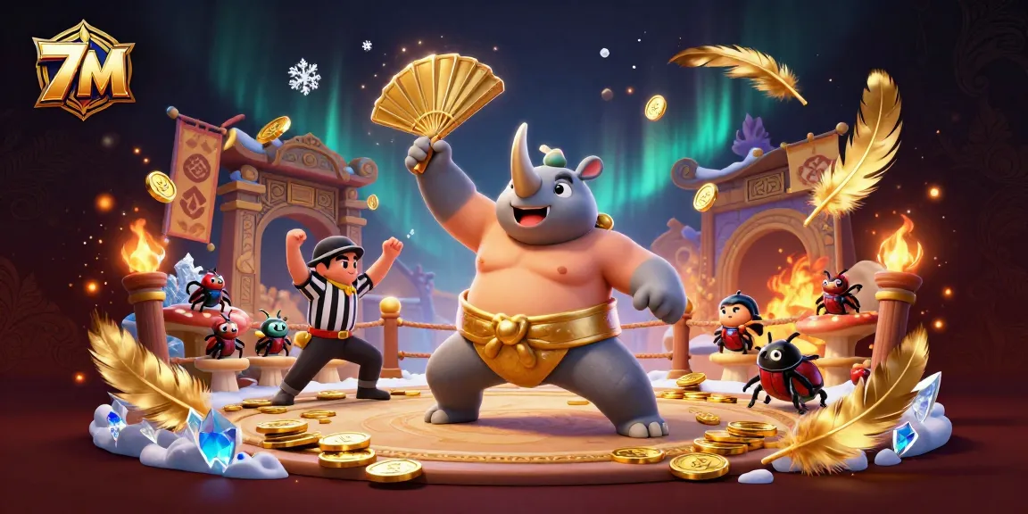 Experience thrilling action with 7 M's dynamic sumo beetle champion amidst swirling gold coins!