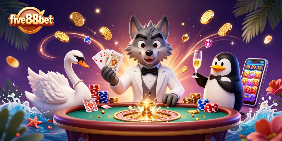 Engage with five88bet in a lively 3D casino scene filled with action, cards, and golden coins.