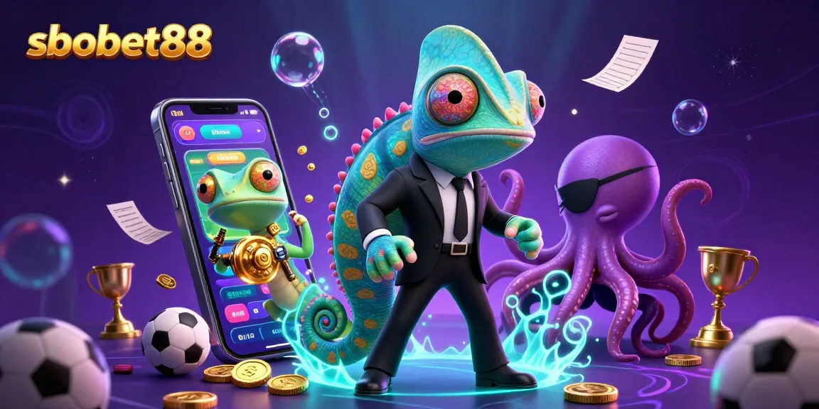Engage in sports betting excitement with sbobet88 illustrated by dynamic chameleon and gecko characters.