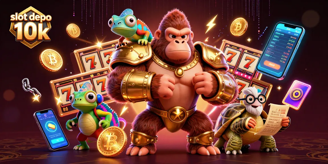Experience gaming thrills with slot depo 10k featuring exciting slot reels, vibrant coins, and dynamic characters.