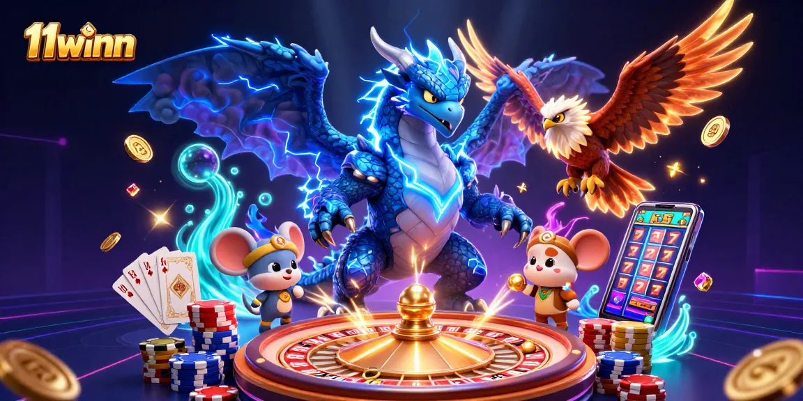 Experience the thrill of 11winn with a thunder dragon and vibrant casino elements.