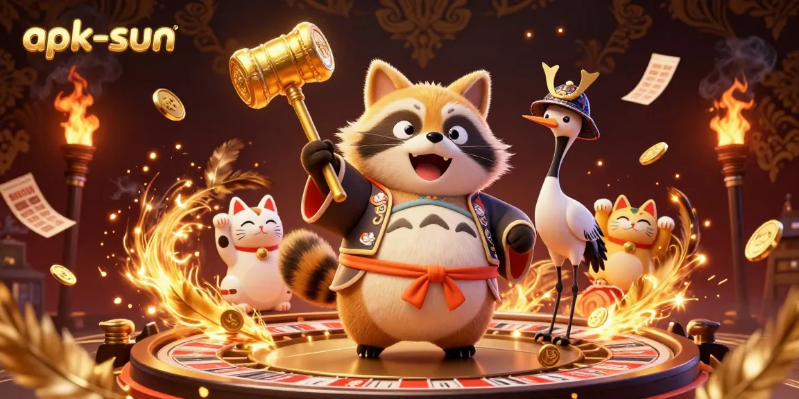 Bet on apk-sun with a cheerful tanuki and samurai crane in thrilling casino action!