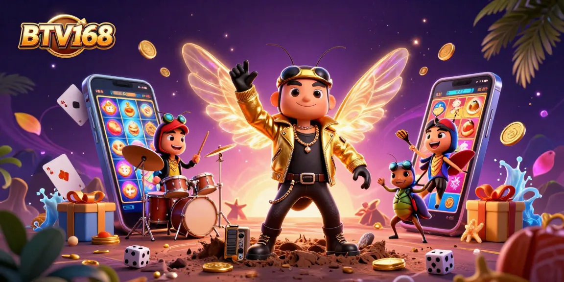 BTV168 showcases a vibrant casino scene with a cicada rock star, dynamic game elements, and energized characters.