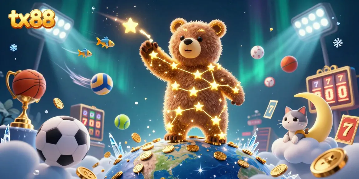 Bet on tx88 with a vibrant 3D illustration of a constellation bear and sports elements