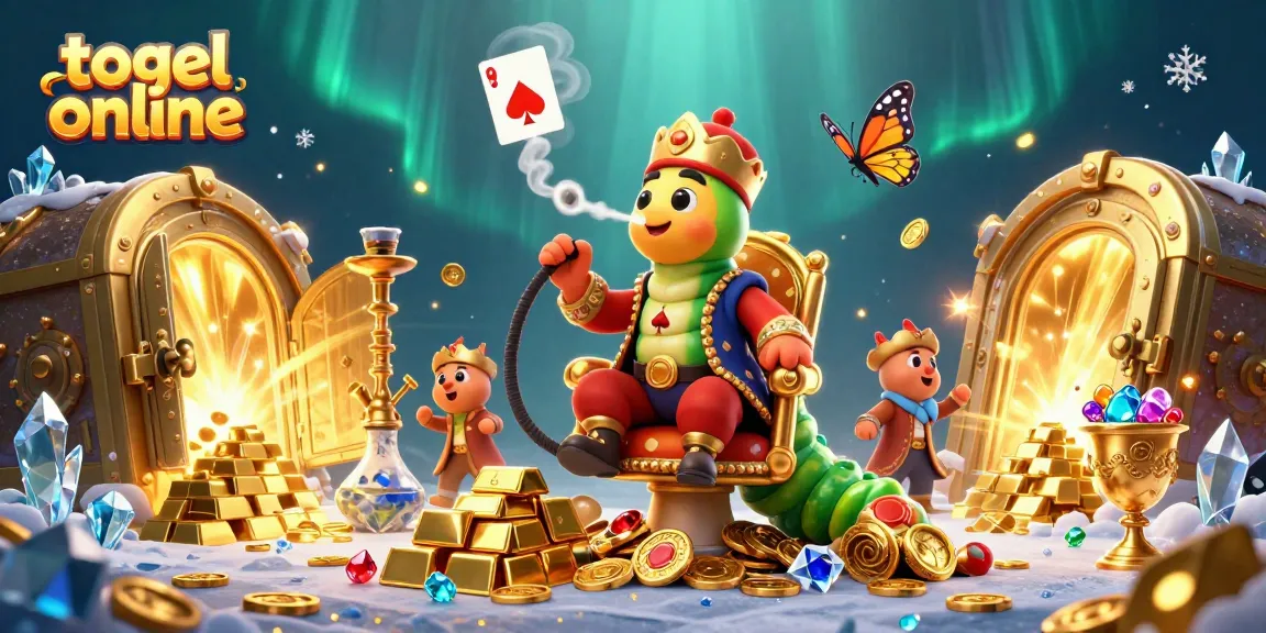 Engage in togel online with a vibrant scene depicting a whimsical caterpillar hookah-master amidst gold treasures.
