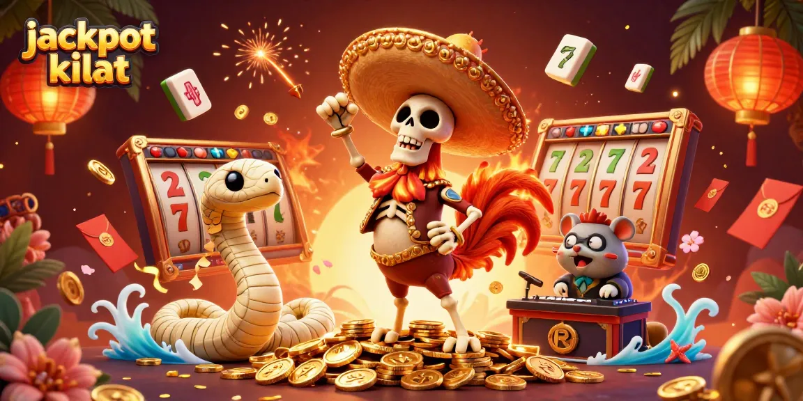 Engage with jackpot kilat as a mariachi rooster celebrates winning on a golden coin pile, surrounded by dynamic casino elements.