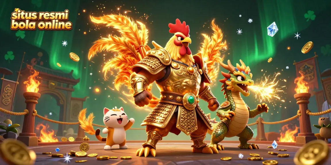 Bet on situs resmi bola online with a dynamic illustration of a fighting rooster warrior and dragon hatchling.