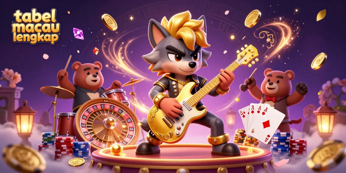 Experience the excitement of a casino with the tabel macau lengkap in a vibrant 3D scene featuring a rocking wolf and dynamic elements.
