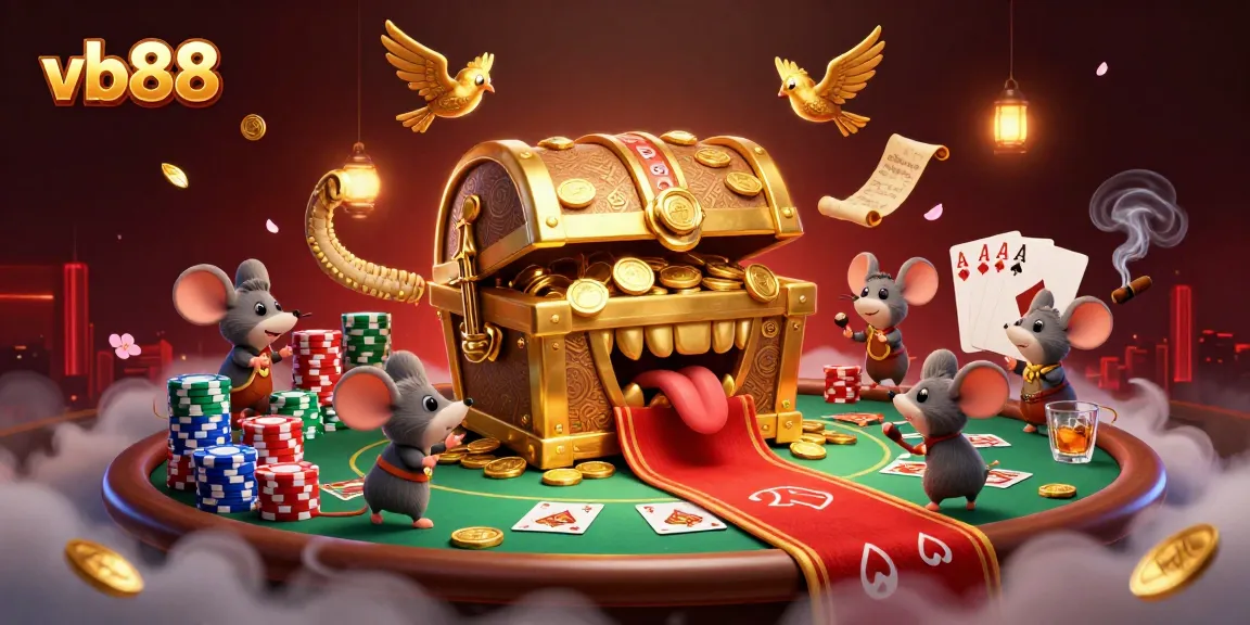 vb88 lures players with a vibrant 3D casino scene filled with riches and poker elements.