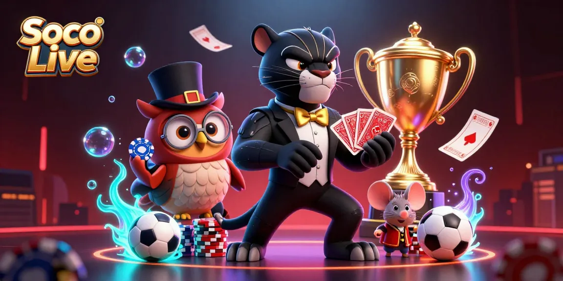 Soco Live brings excitement with a stylish cartoon black panther dealer, an owl with poker chips, and a lucky mouse in a vibrant, dynamic sports betting scene.