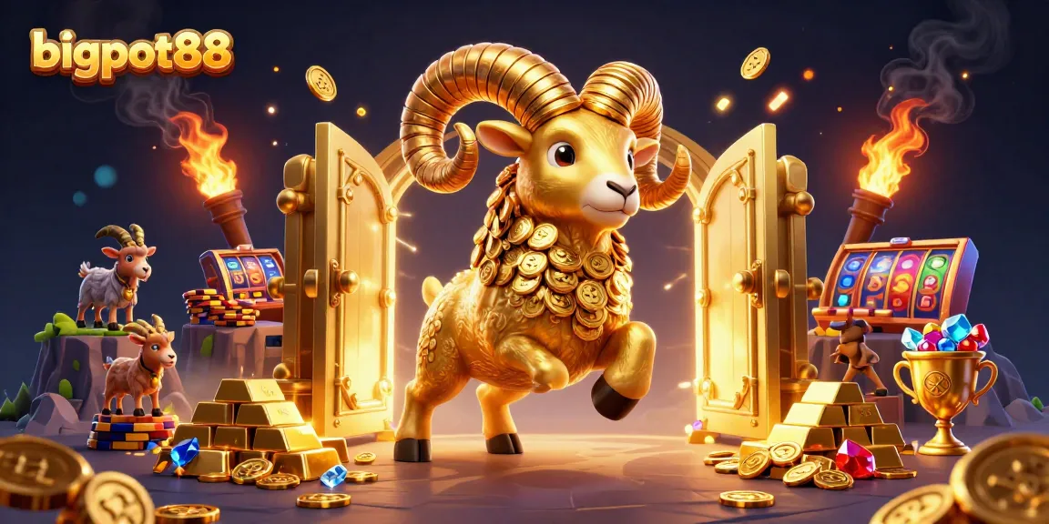 Experience excitement at bigpot88 with a golden ram, treasures, and vibrant gaming elements.
