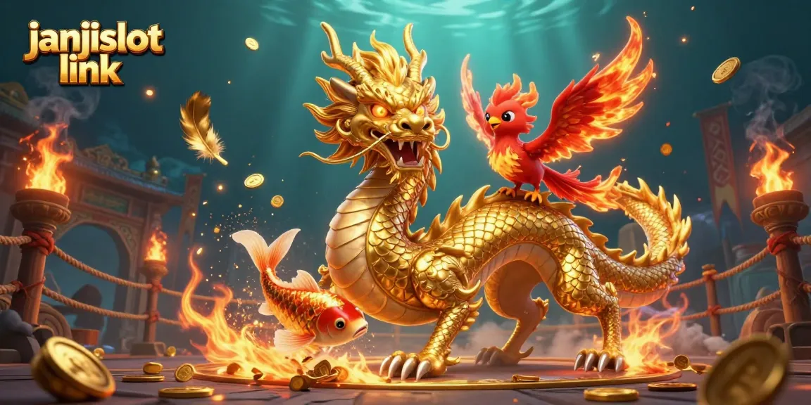 Experience the thrill of gaming with janjislot link surrounded by a dragon and phoenix in a vibrant casino scene.