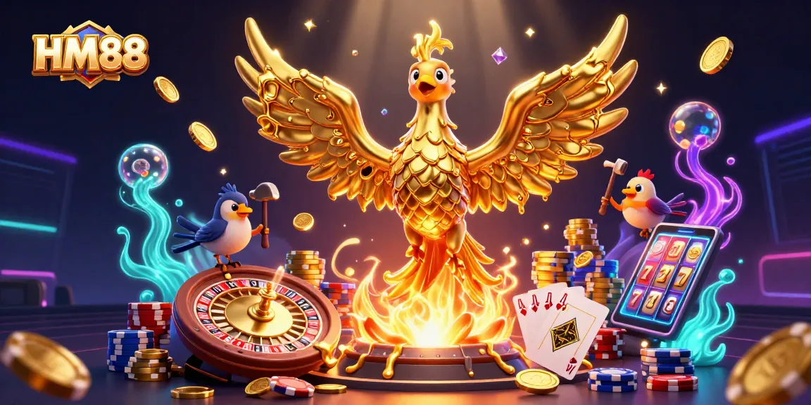 Experience thrilling gameplay at HM88 with a dynamic 3D illustration showcasing golden coins, poker chips, and gaming excitement.